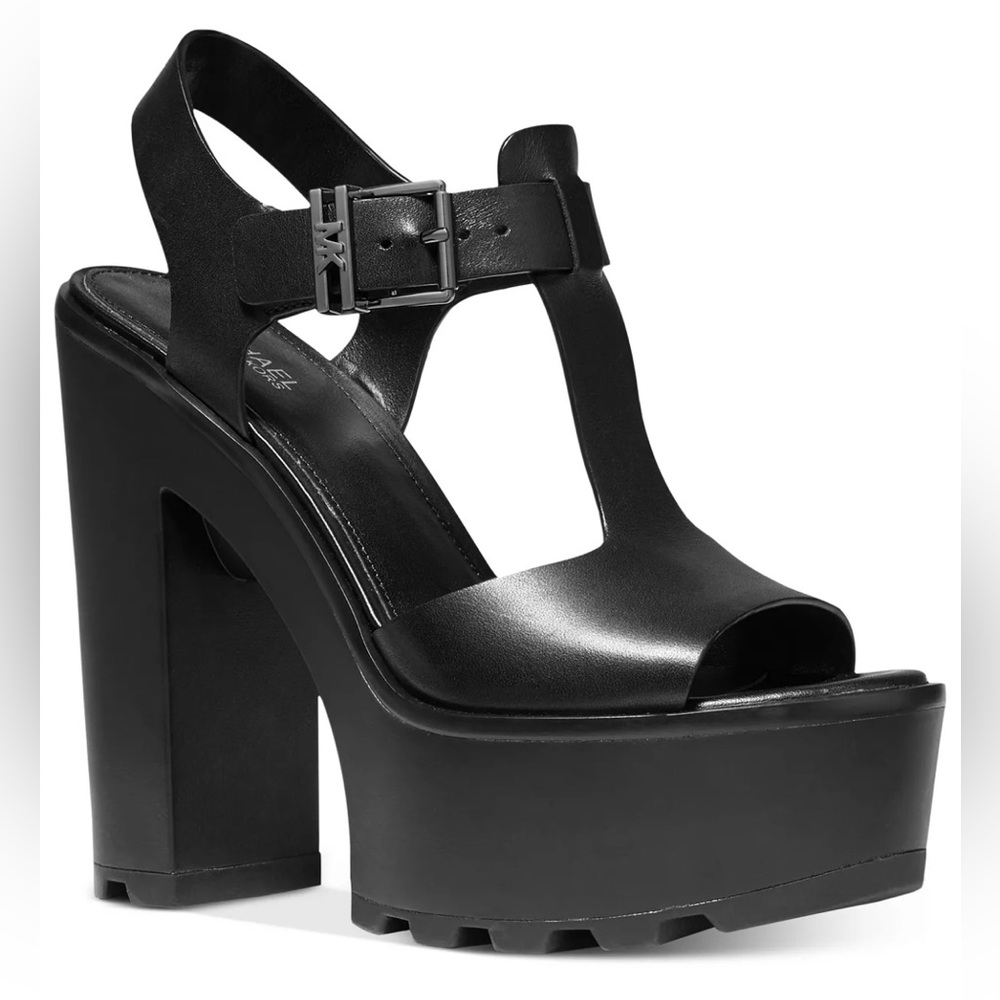 NWOT MICHAEL Michael Kors Sinead Black Leather Platform Heel Sandal Size 6